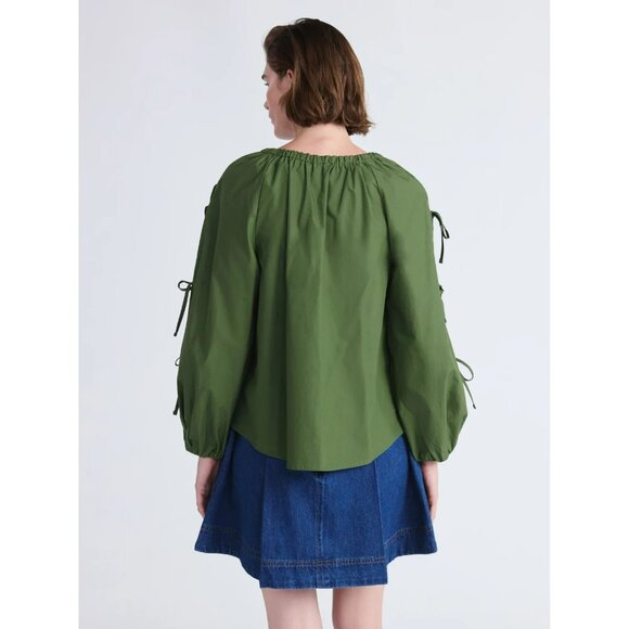 Free Assembly Women's Gathered Neck Cotton Top, Long Tie Sleeves, Size M (8-10) - Picture 3 of 4